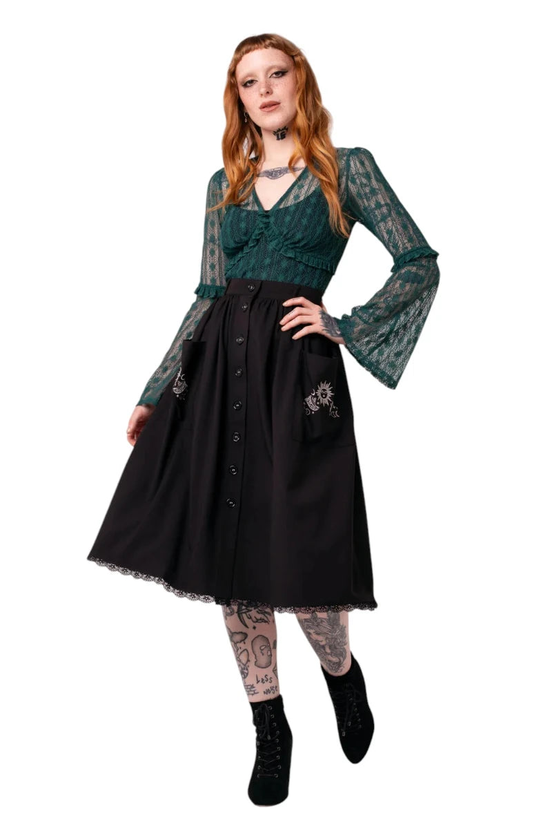 Hell Bunny Danica Skirt - Black Midi with Sun & Moon Embroidery