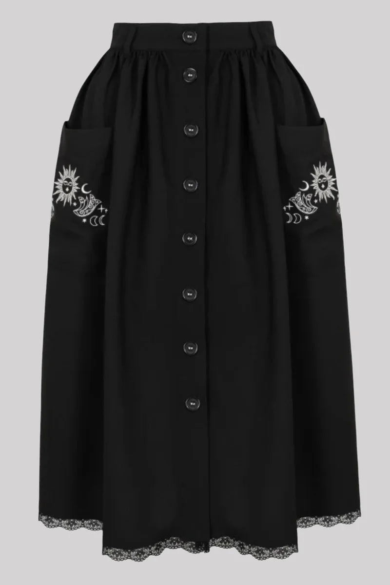 Hell Bunny Danica Skirt - Black Midi with Sun & Moon Embroidery
