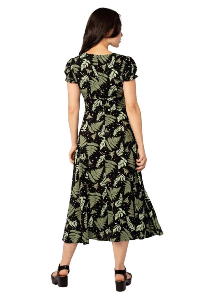 Hell Bunny Gaia Dress - Vintage Leaf Print Midi Dress V-Neck
