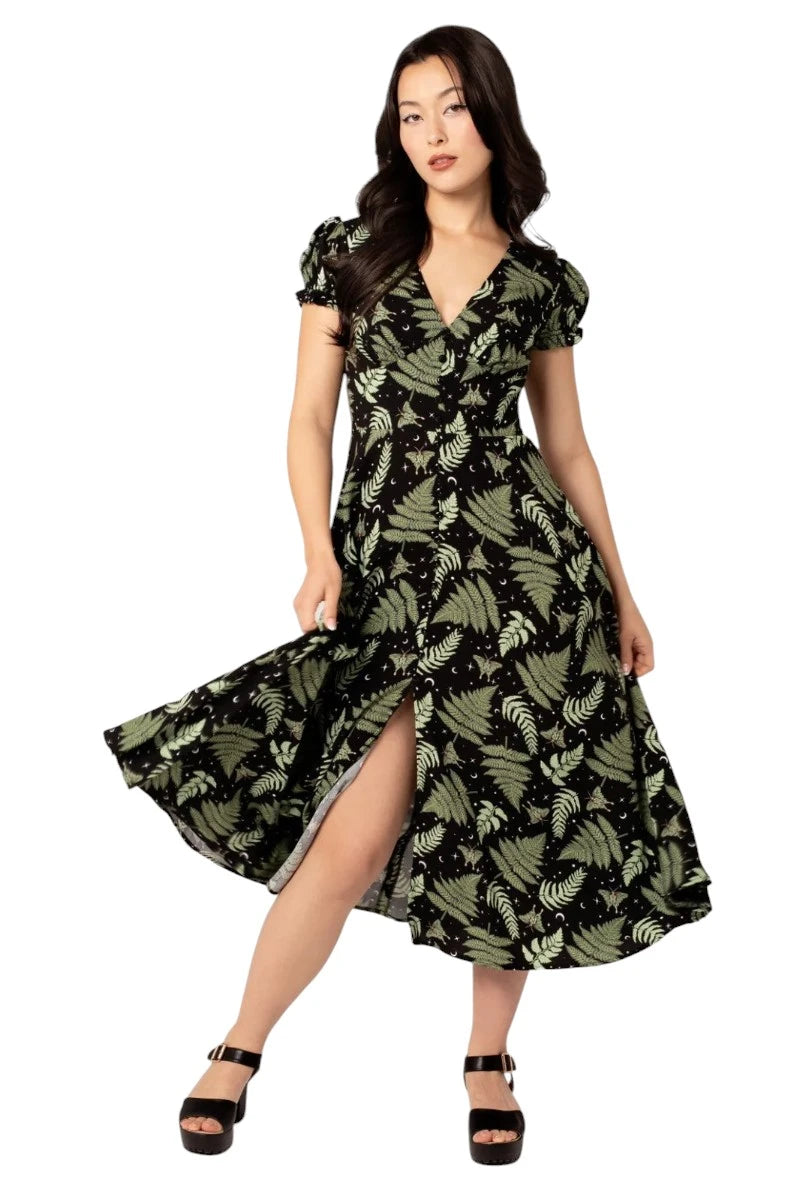 Hell Bunny Gaia Dress - Vintage Leaf Print Midi Dress V-Neck