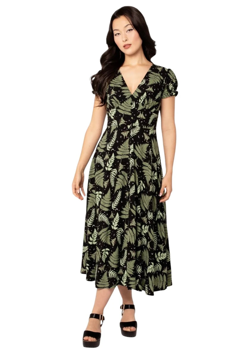 Hell Bunny Gaia Dress - Vintage Leaf Print Midi Dress V-Neck