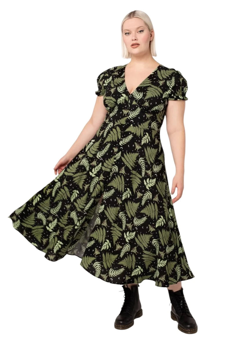 Hell Bunny Gaia Dress - Vintage Leaf Print Midi Dress V-Neck