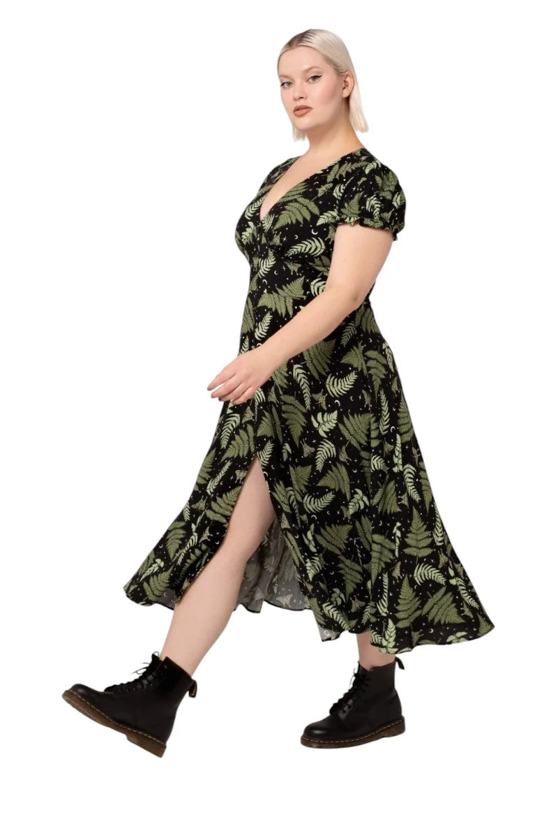 Hell Bunny Gaia Dress - Vintage Leaf Print Midi Dress V-Neck