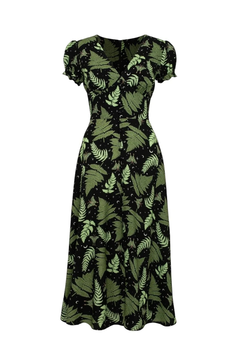 Hell Bunny Gaia Dress - Vintage Leaf Print Midi Dress V-Neck