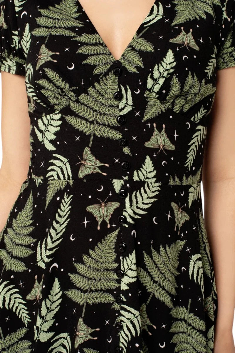 Hell Bunny Gaia Dress - Vintage Leaf Print Midi Dress V-Neck