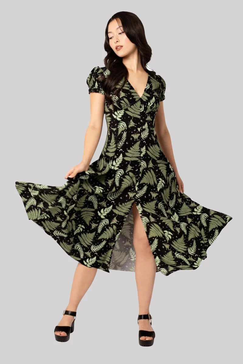 Hell Bunny Gaia Dress - Vintage Leaf Print Midi Dress V-Neck