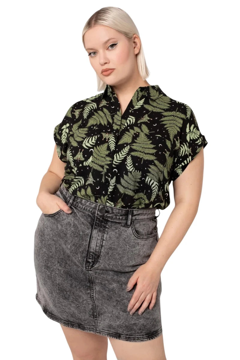 Hell Bunny Gaia Shirt – Botanical Print Button-Up Blouse