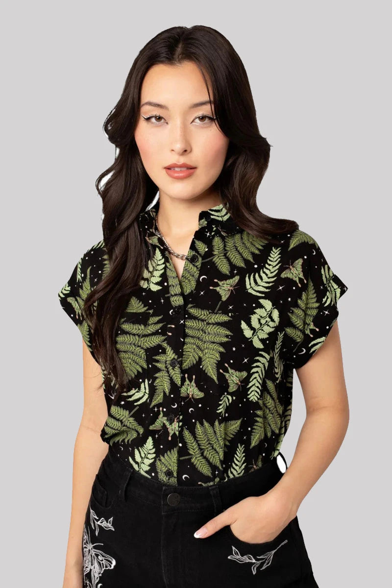 Hell Bunny Gaia Shirt – Botanical Print Button-Up Blouse