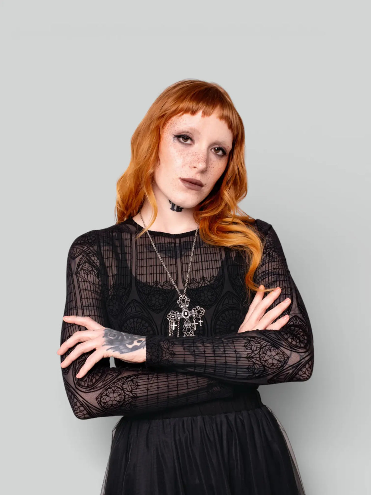 Hell Bunny Mea Culpa Top Black Gothic Mesh Flocked Sheer Top | Ro Rox