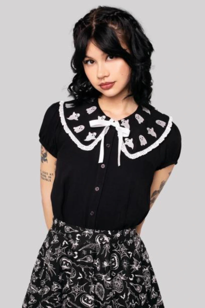 Hell Bunny Phantomette Blouse Gothic Halloween Ghost Collar