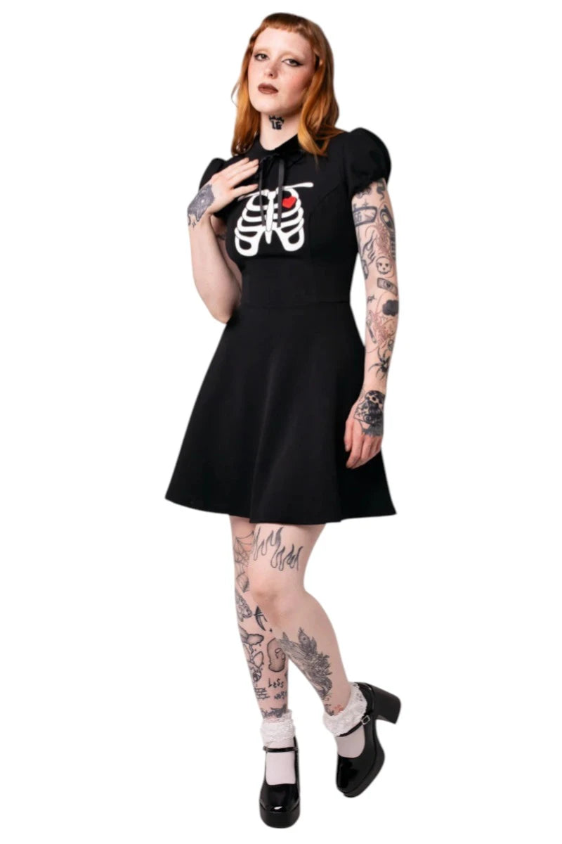 Hell Bunny Skeleton Girl Dress - Gothic Black Heart Ribcage
