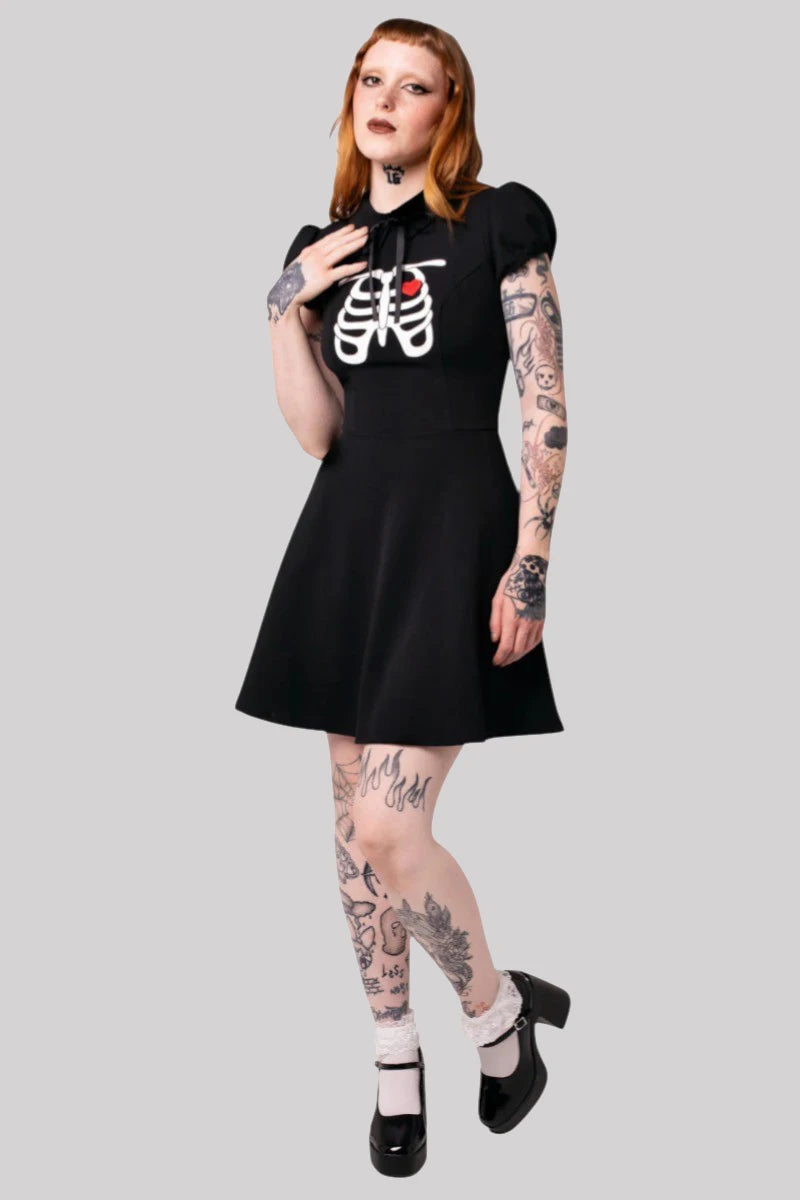 Hell Bunny Skeleton Girl Dress - Gothic Black Heart Ribcage