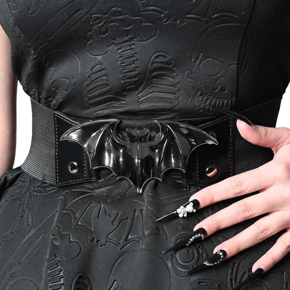 Kreepsville 666 Gothic Bat Buckle Elastic Waist Belt – Black or Silver