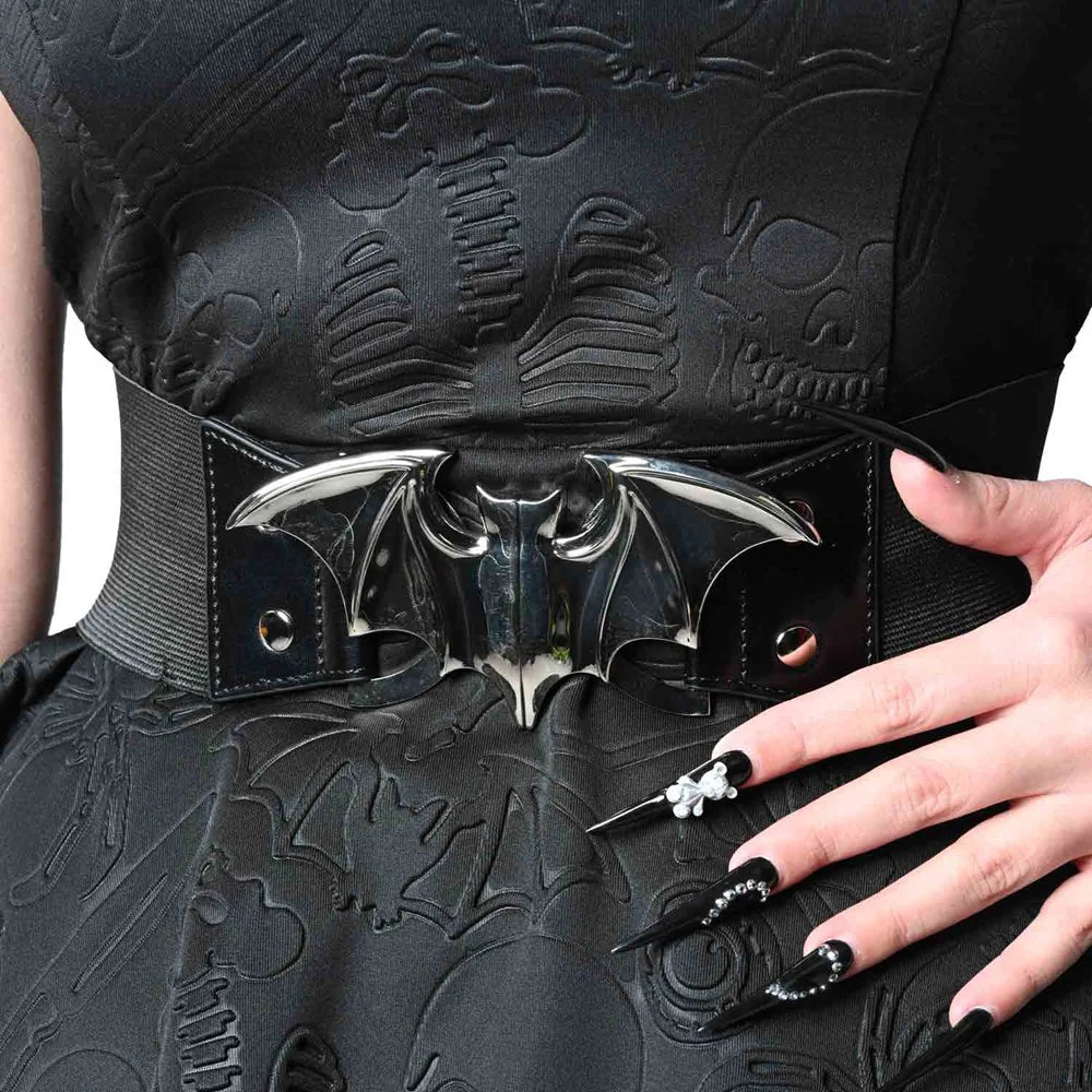 Kreepsville 666 Gothic Bat Buckle Elastic Waist Belt – Black or Silver