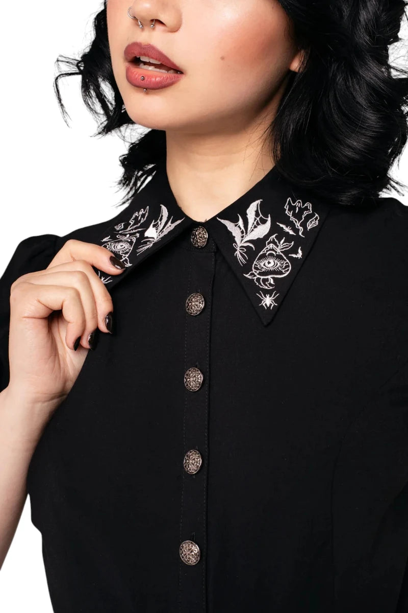 Hell Bunny Mischief Blouse - Gothic Floral Embroidered Top