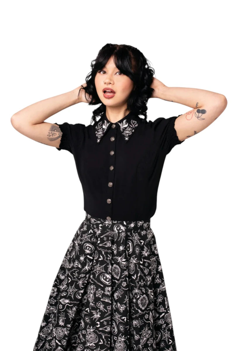 Hell Bunny Mischief Blouse - Gothic Floral Embroidered Top