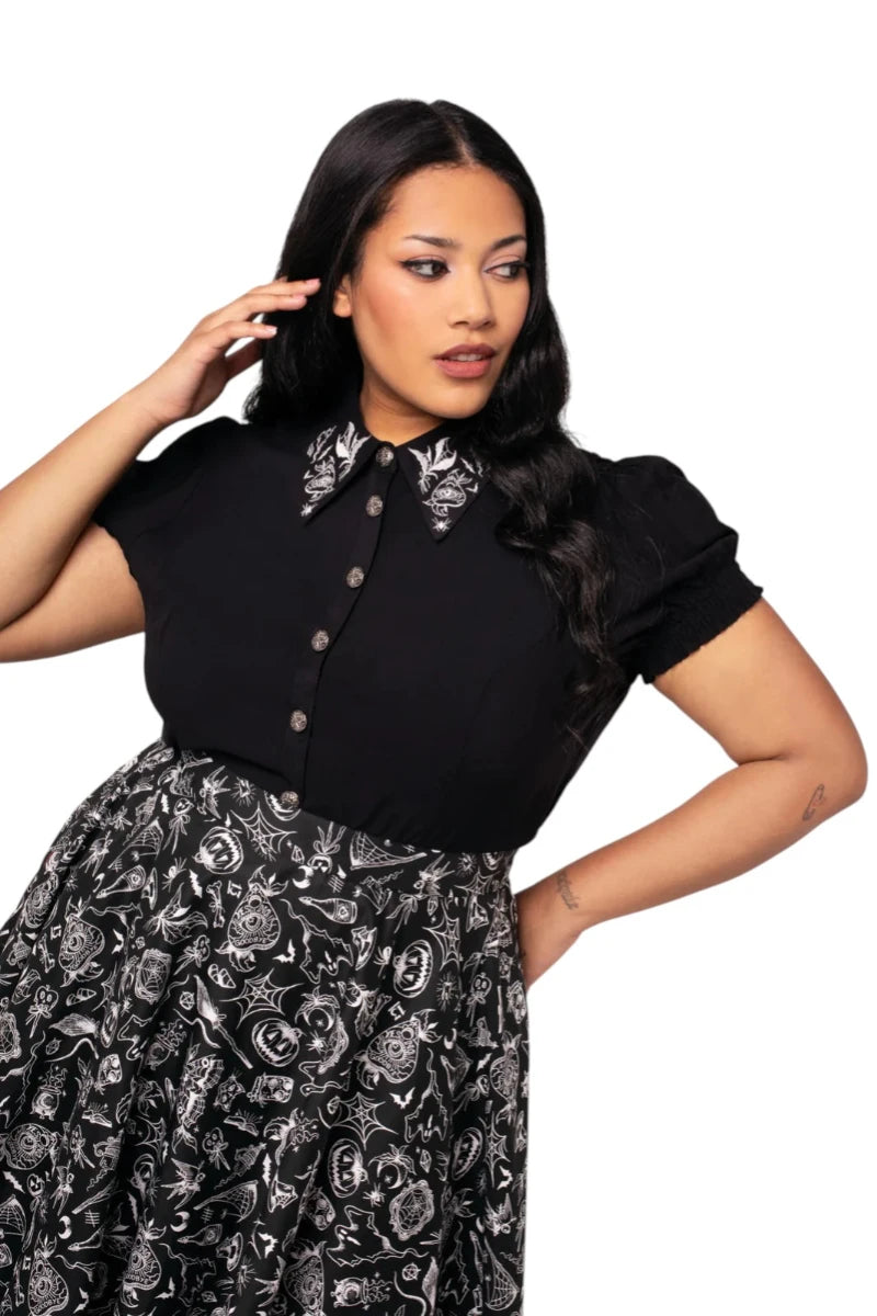 Hell Bunny Mischief Blouse - Gothic Floral Embroidered Top