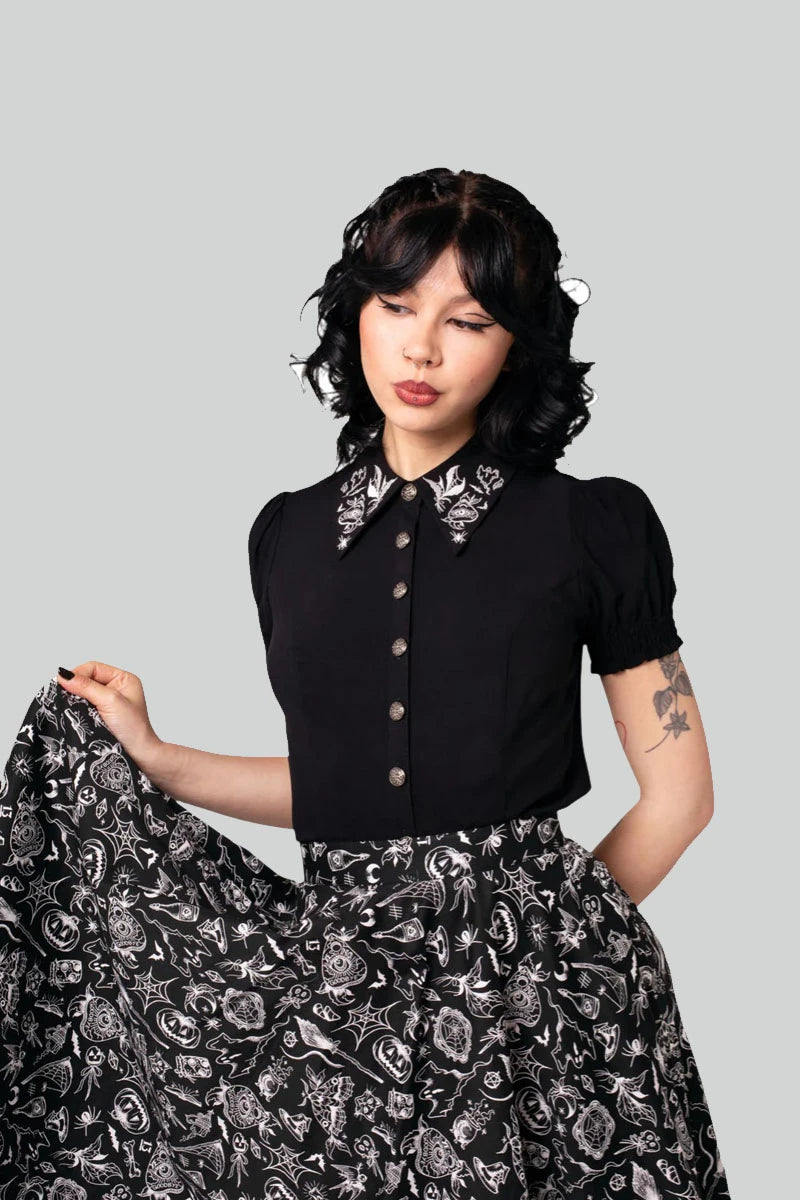 Hell Bunny Mischief Blouse - Gothic Floral Embroidered Top