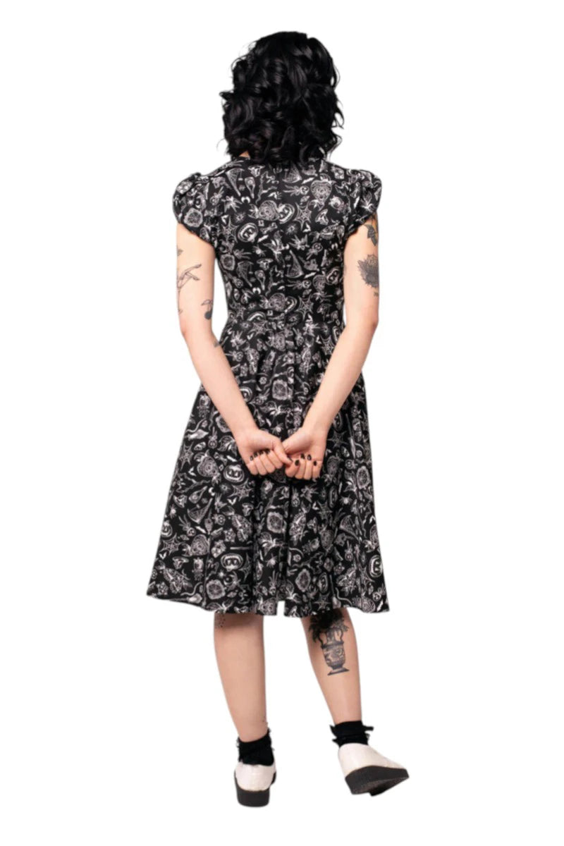 Hell Bunny Mischief Dress - Midi Gothic Black Print Skater