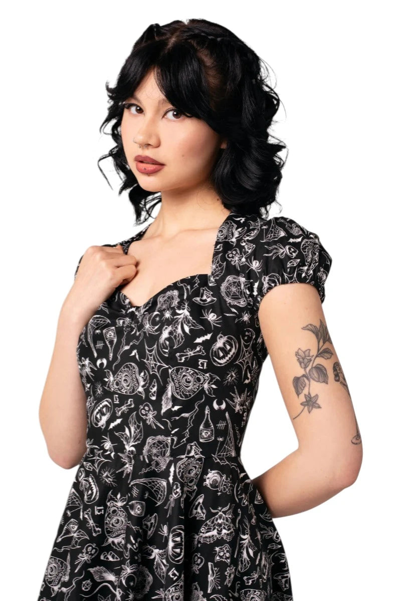 Hell Bunny Mischief Dress - Midi Gothic Black Print Skater