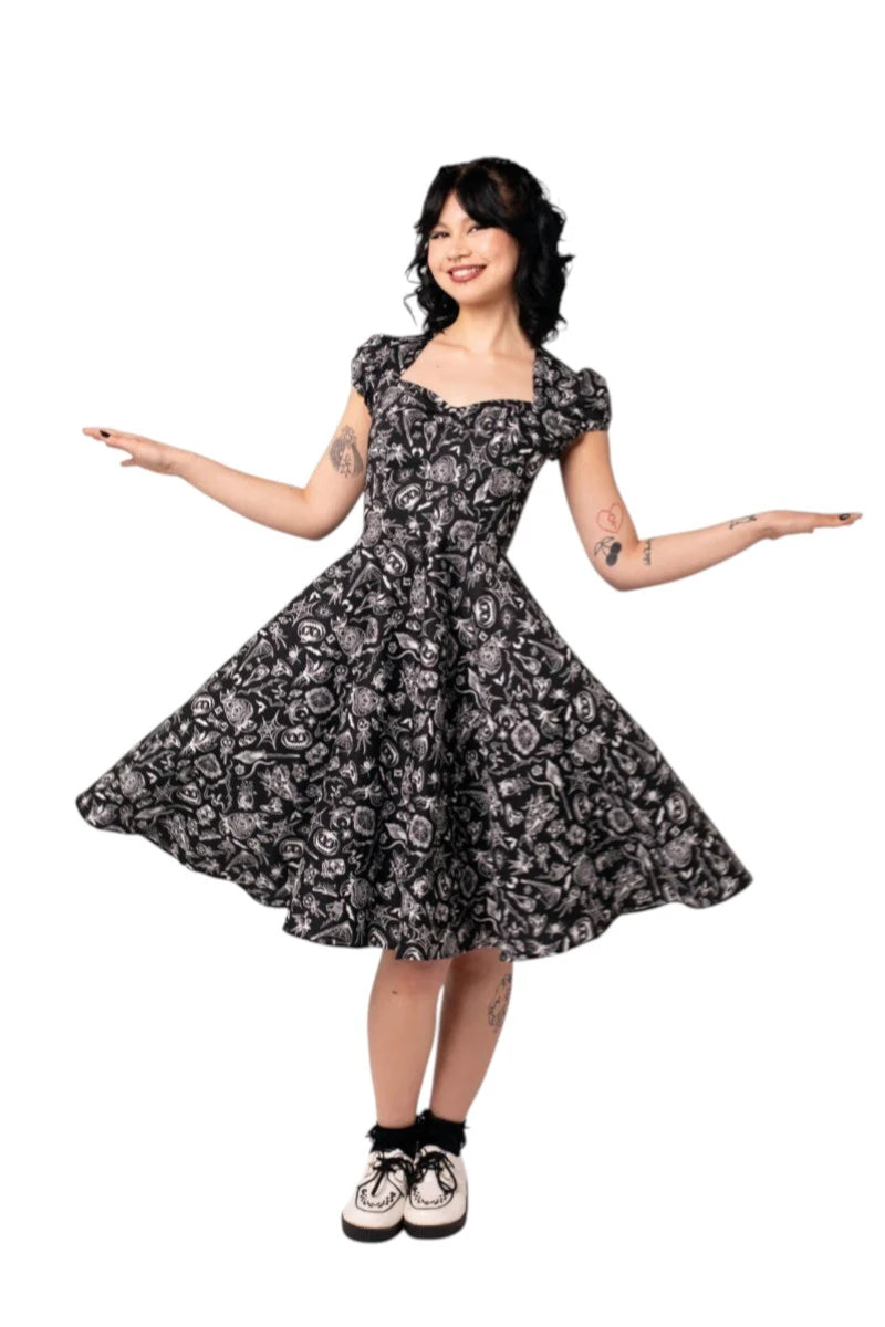 Hell Bunny Mischief Dress - Midi Gothic Black Print Skater