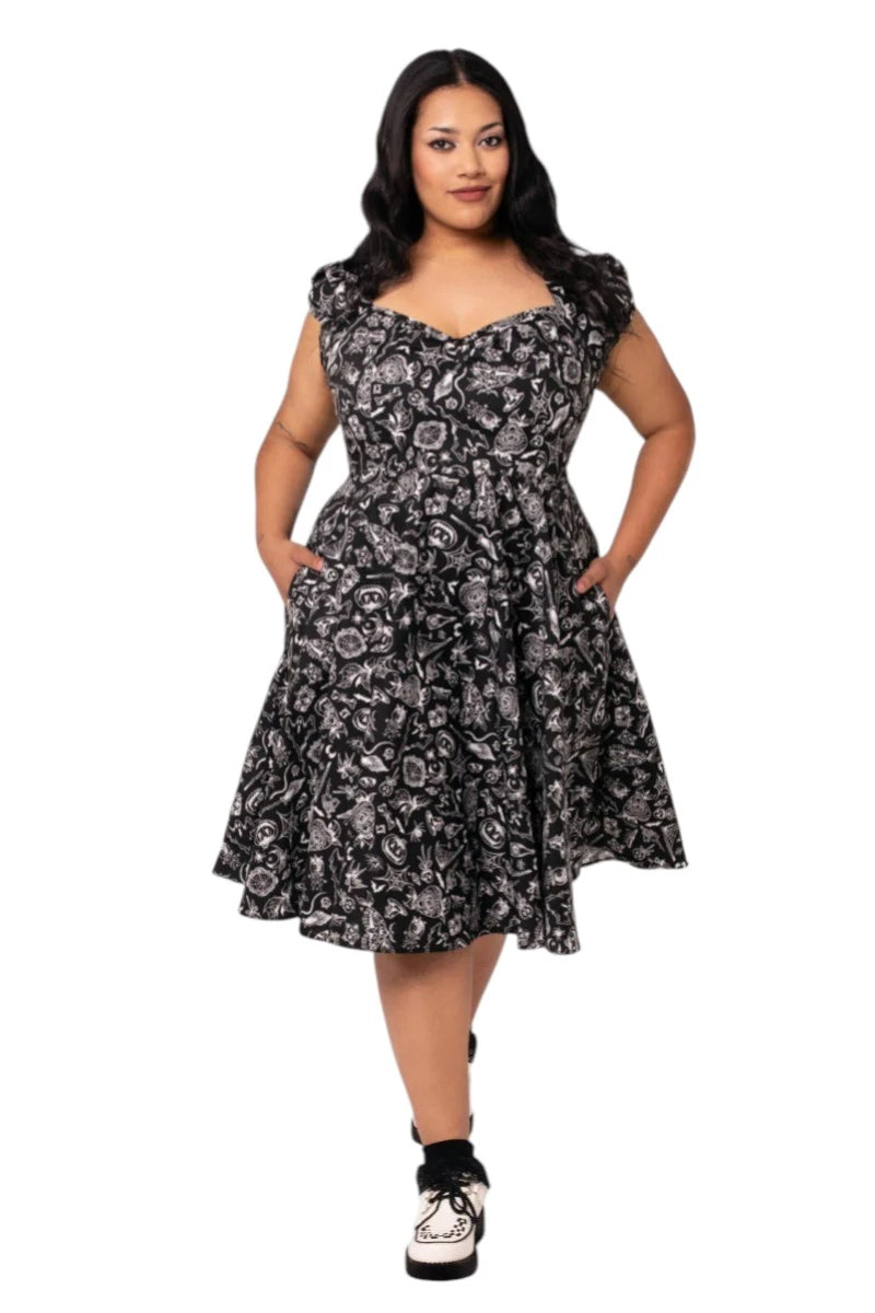 Hell Bunny Mischief Dress - Midi Gothic Black Print Skater