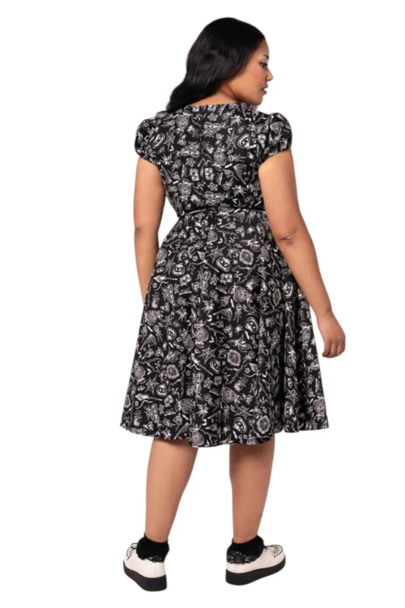Hell Bunny Mischief Dress - Midi Gothic Black Print Skater