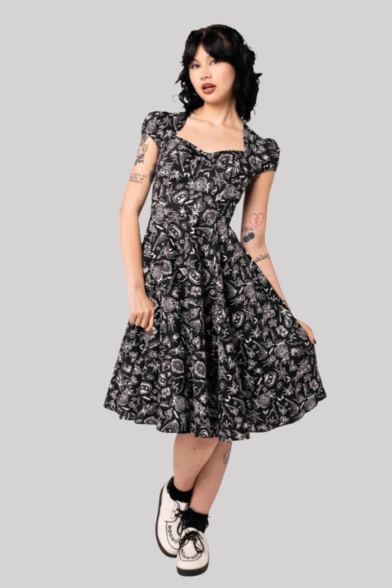 Hell Bunny Mischief Dress - Midi Gothic Black Print Skater