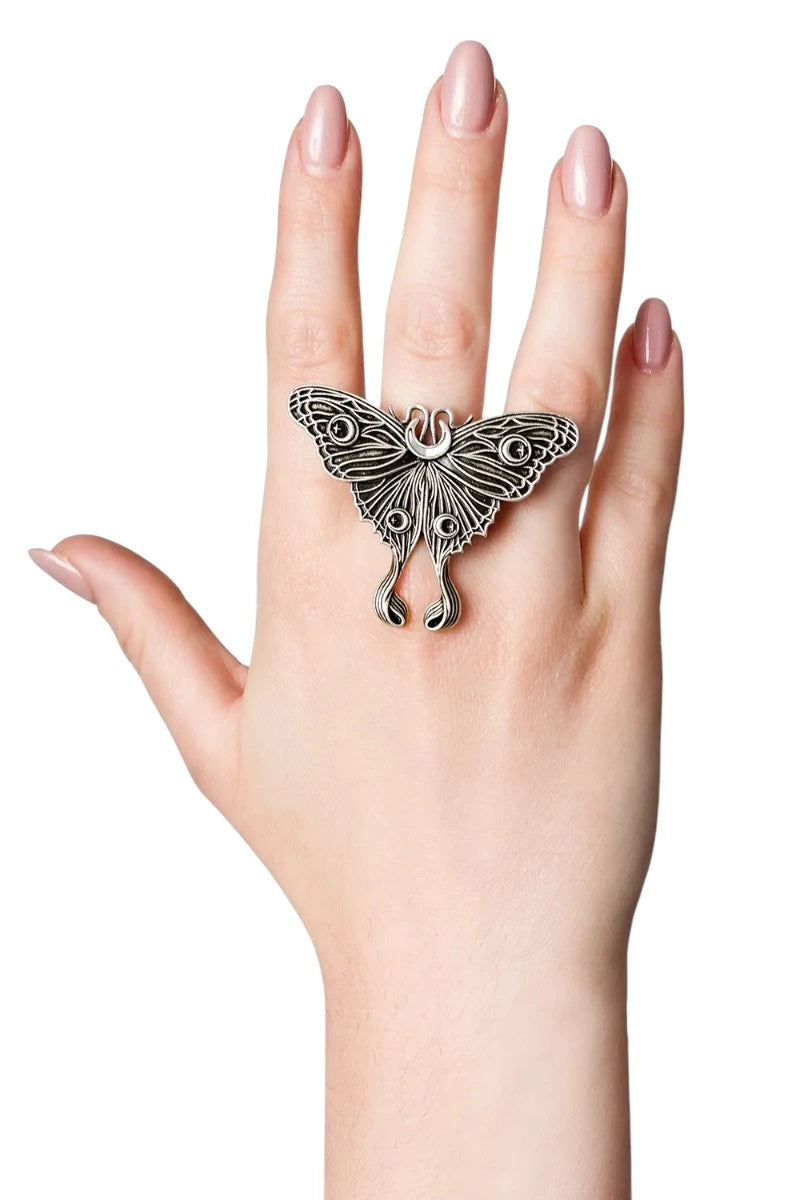 Restyle Nocturnal Statement Ring Silver Moth with Moon Inlay