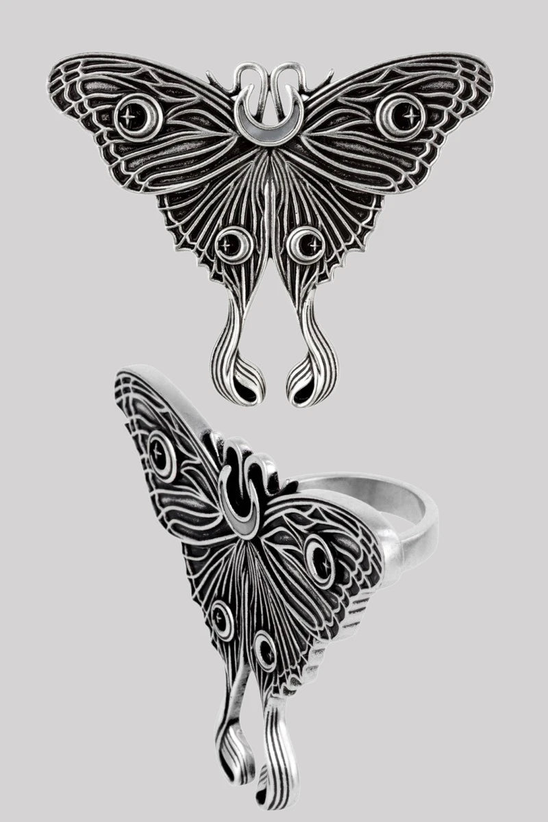 Restyle Nocturnal Statement Ring Silver Moth with Moon Inlay