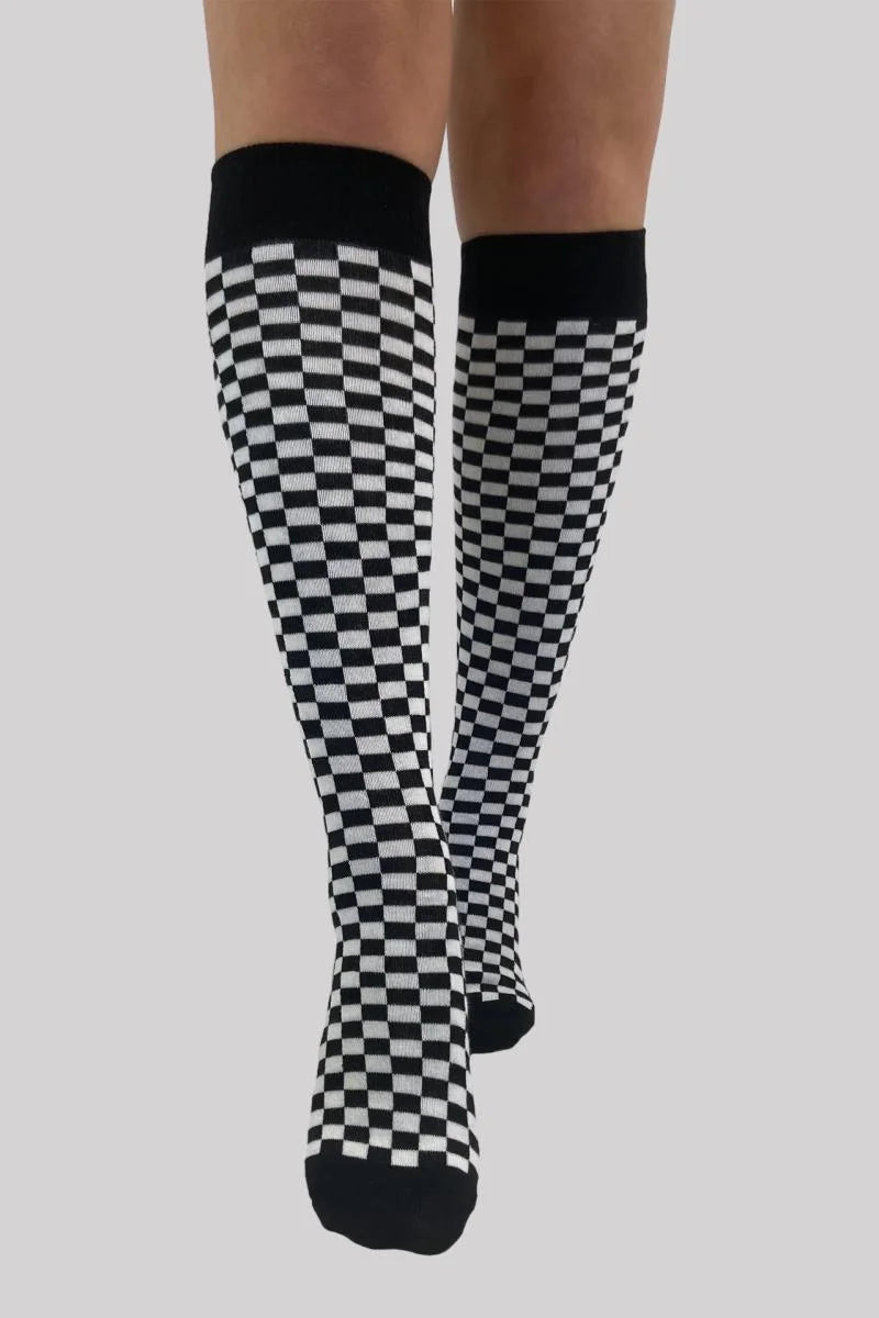 Pamela Mann Knee High Socks Black White Checkerboard Style