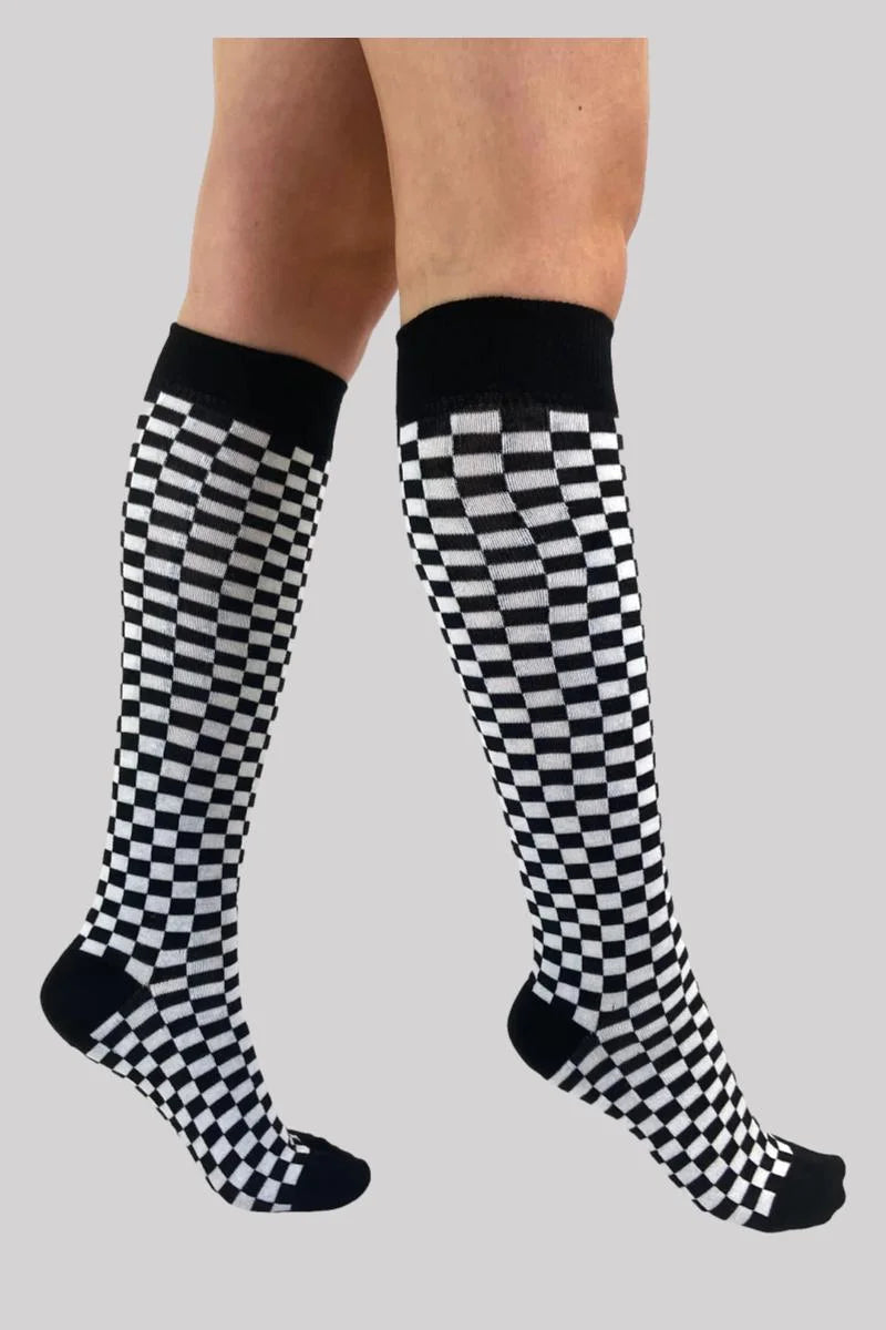 Pamela Mann Knee High Socks Black White Checkerboard Style