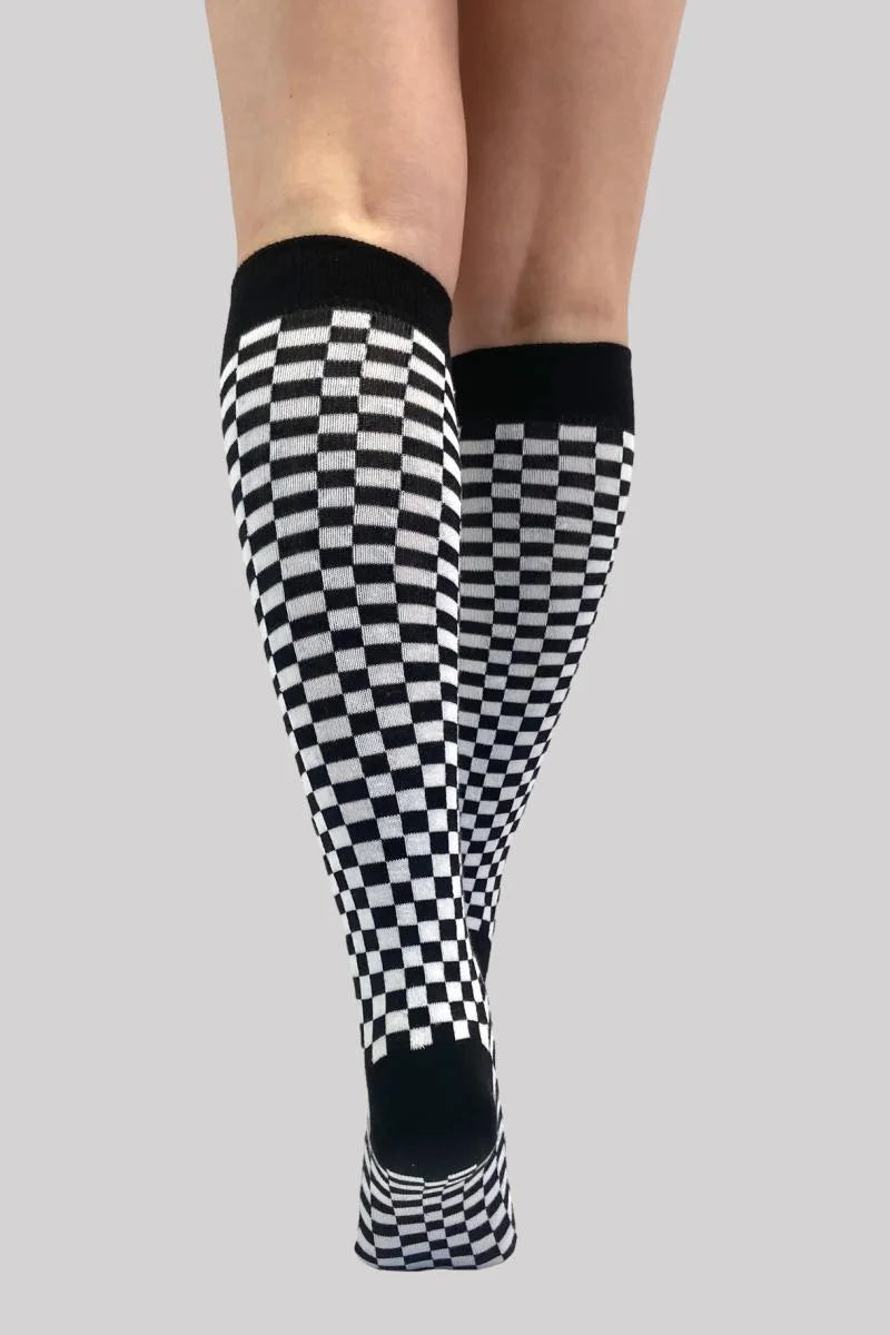 Pamela Mann Knee High Socks Black White Checkerboard Style