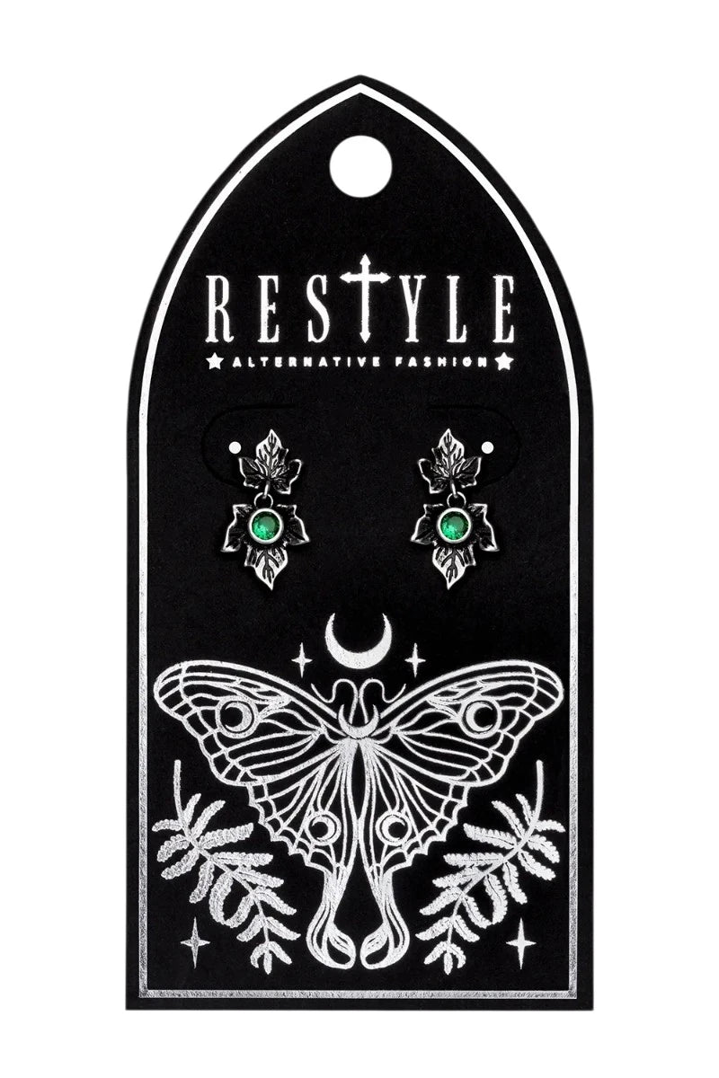 Restyle Poisoned Ivy Earrings Silver Studs, Green Crystal