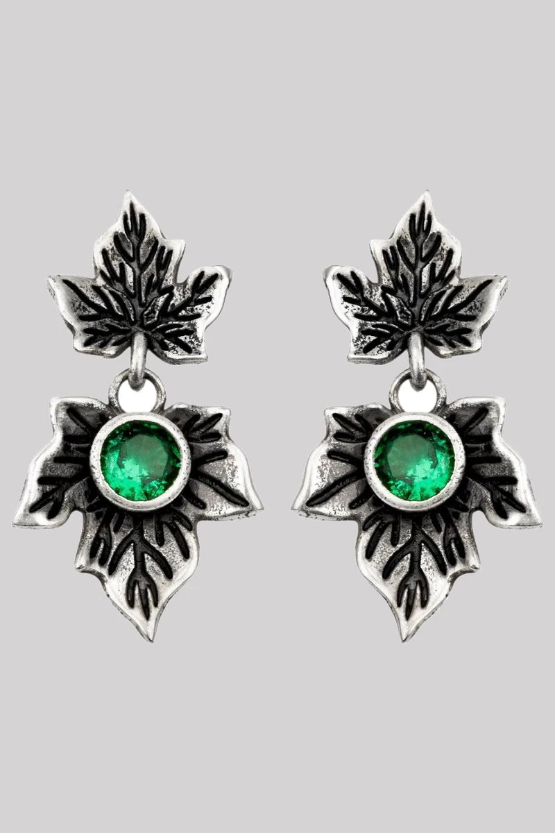 Restyle Poisoned Ivy Earrings Silver Studs, Green Crystal