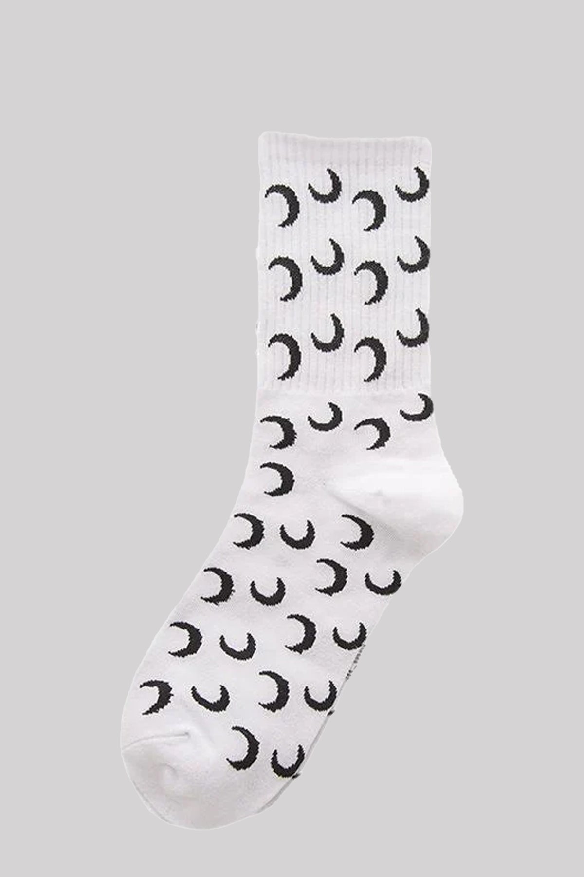 Ro Rox Crescent Moon Celestial White Black Ribbed Crew Socks