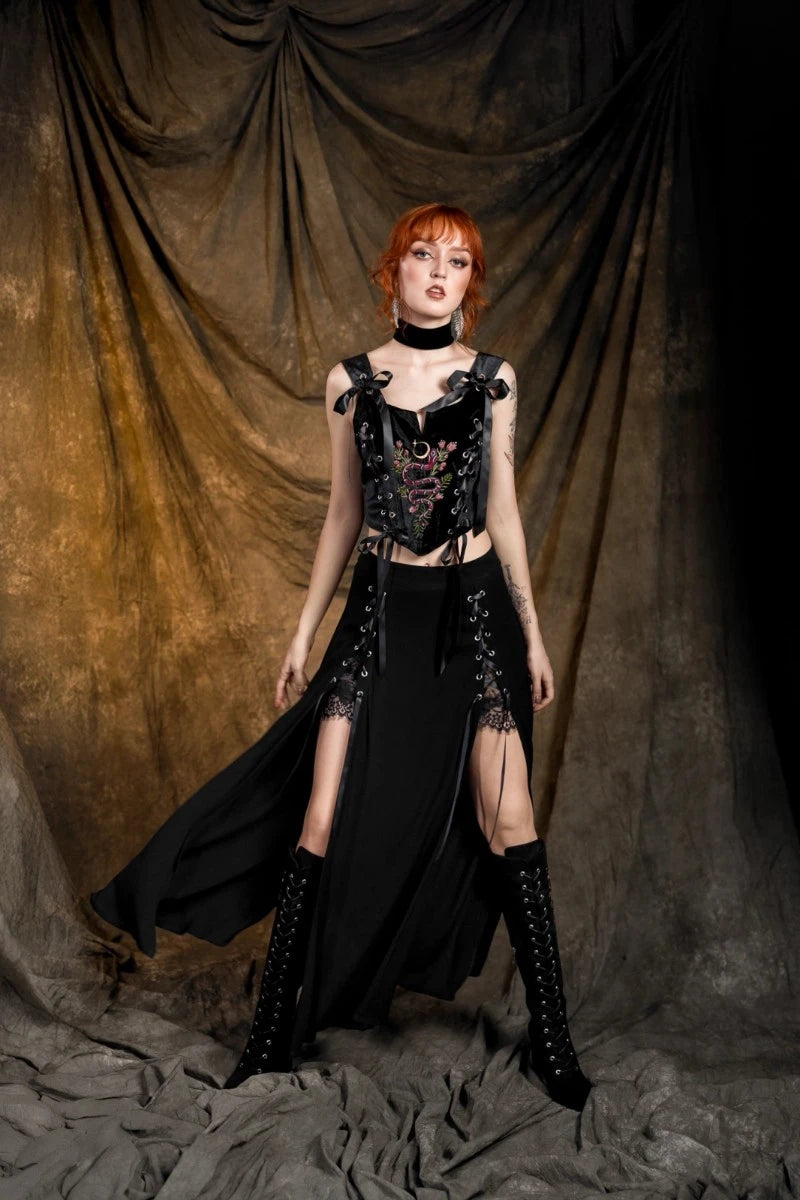 Restyle Rhodanthe Maxi Skirt – Gothic Lace-Up Slit Skirt