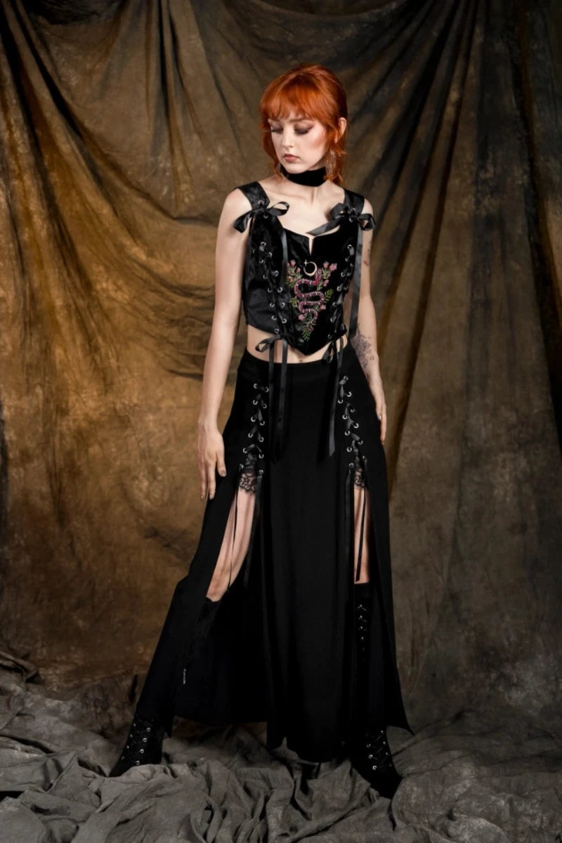 Restyle Rhodanthe Maxi Skirt – Gothic Lace-Up Slit Skirt