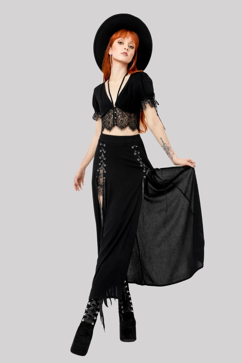 Restyle Rhodanthe Maxi Skirt – Gothic Lace-Up Slit Skirt