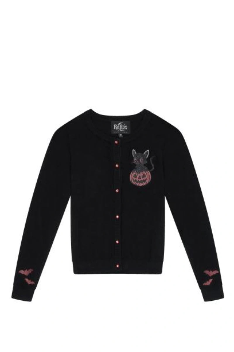 Ro Rox Cat & Pumpkin Halloween Cardigan - Embroidered Knit