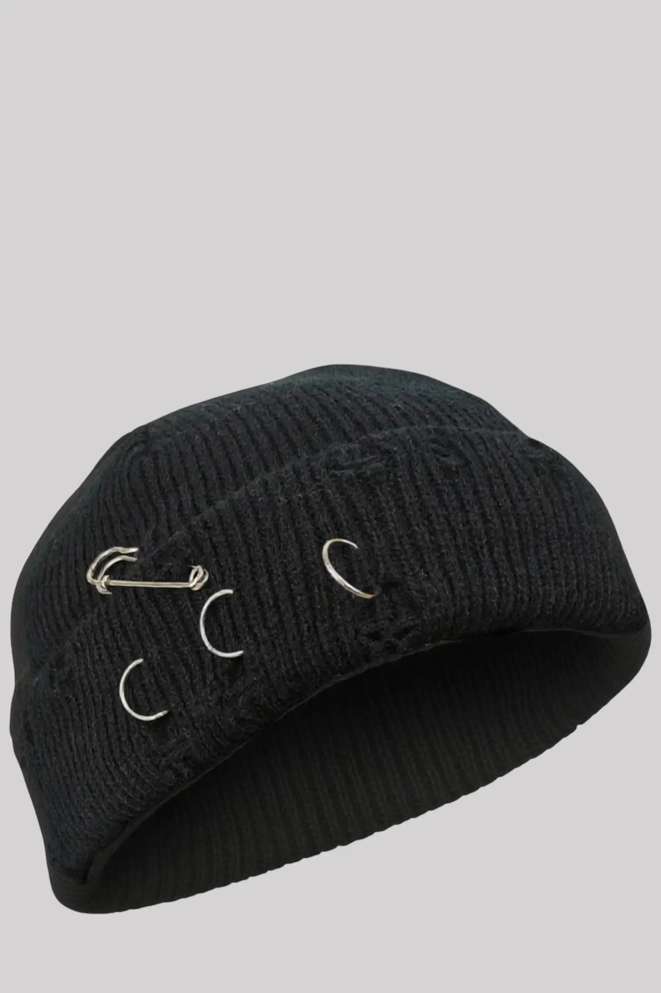 Black Distressed Fisherman Beanie with Piercings and Pin