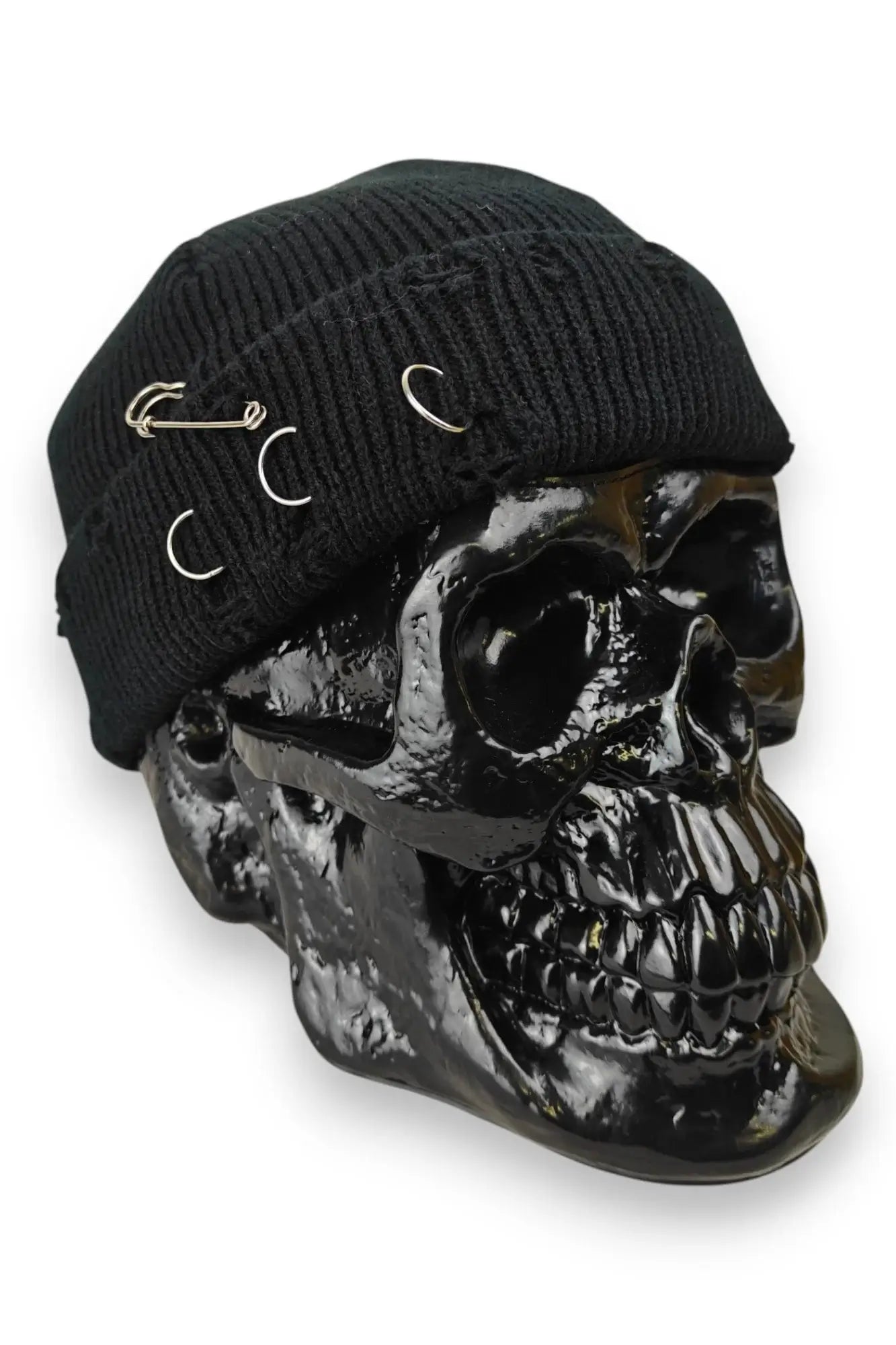 Black Distressed Fisherman Beanie with Piercings and Pin