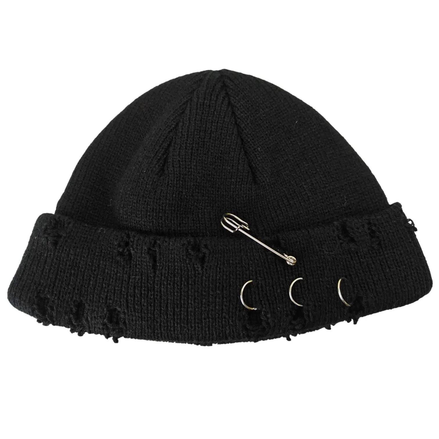 Black Distressed Fisherman Beanie with Piercings and Pin