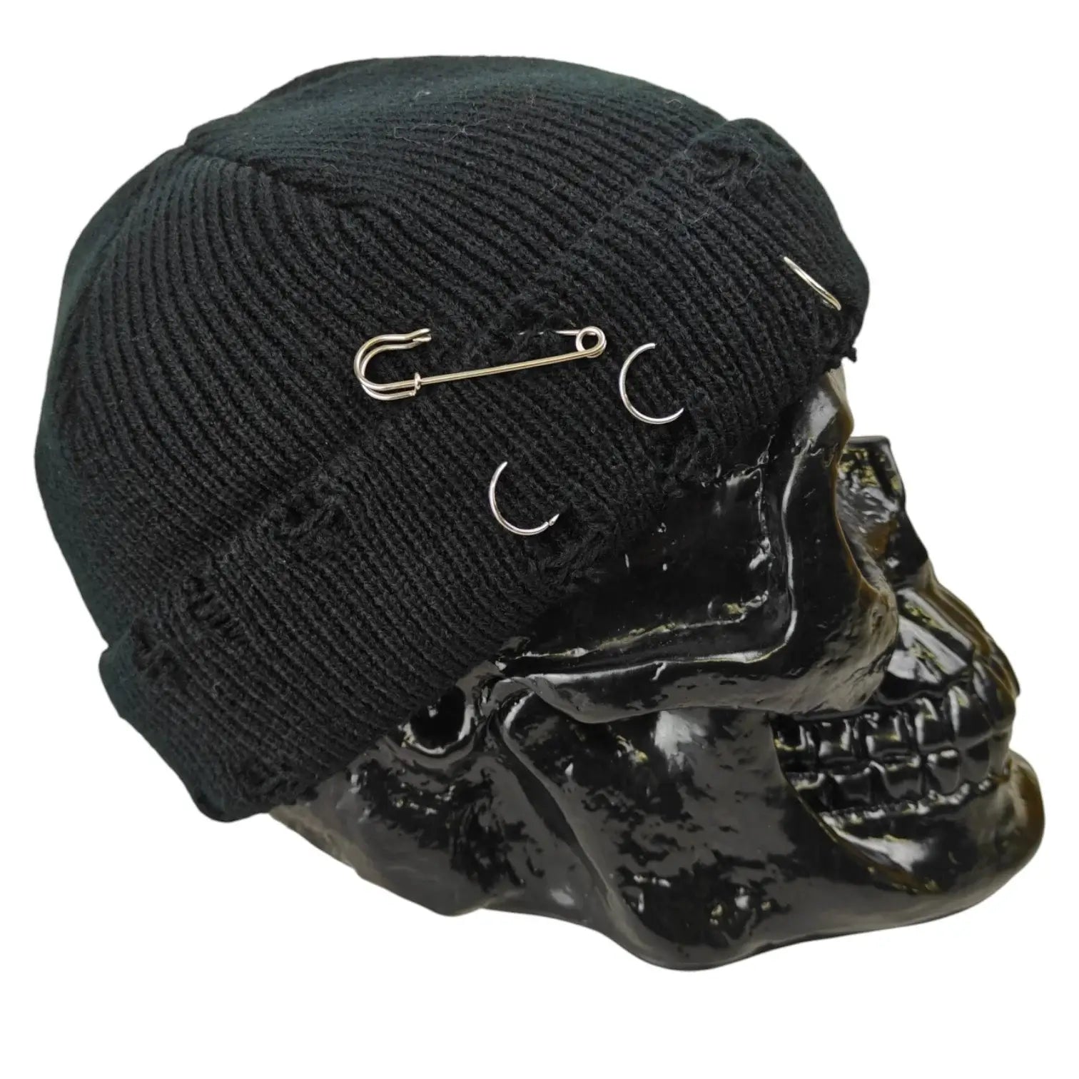 Black Distressed Fisherman Beanie with Piercings and Pin