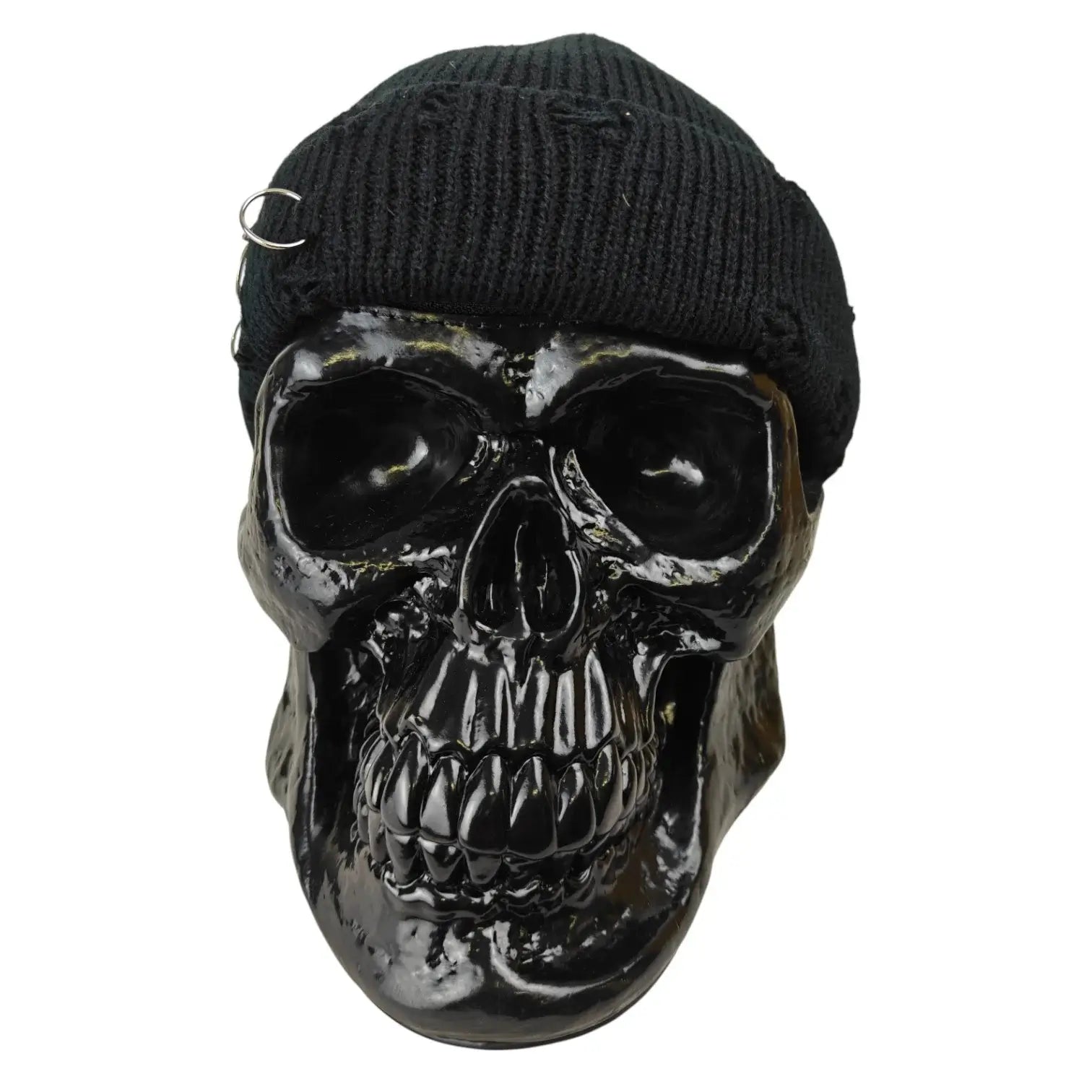 Black Distressed Fisherman Beanie with Piercings and Pin