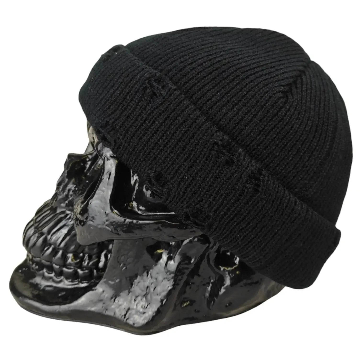 Black Distressed Fisherman Beanie with Piercings and Pin