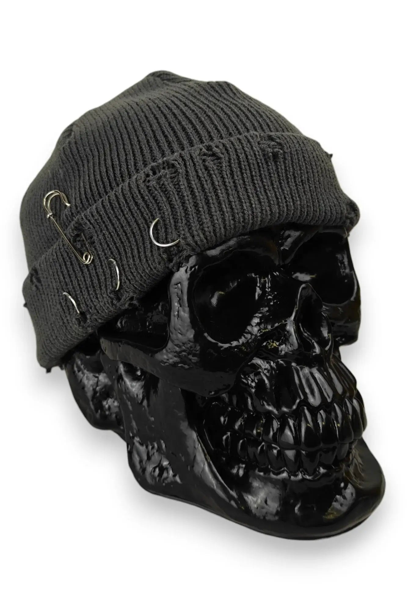 Grey Distressed Fisherman Beanie with Piercings and Safe Pin