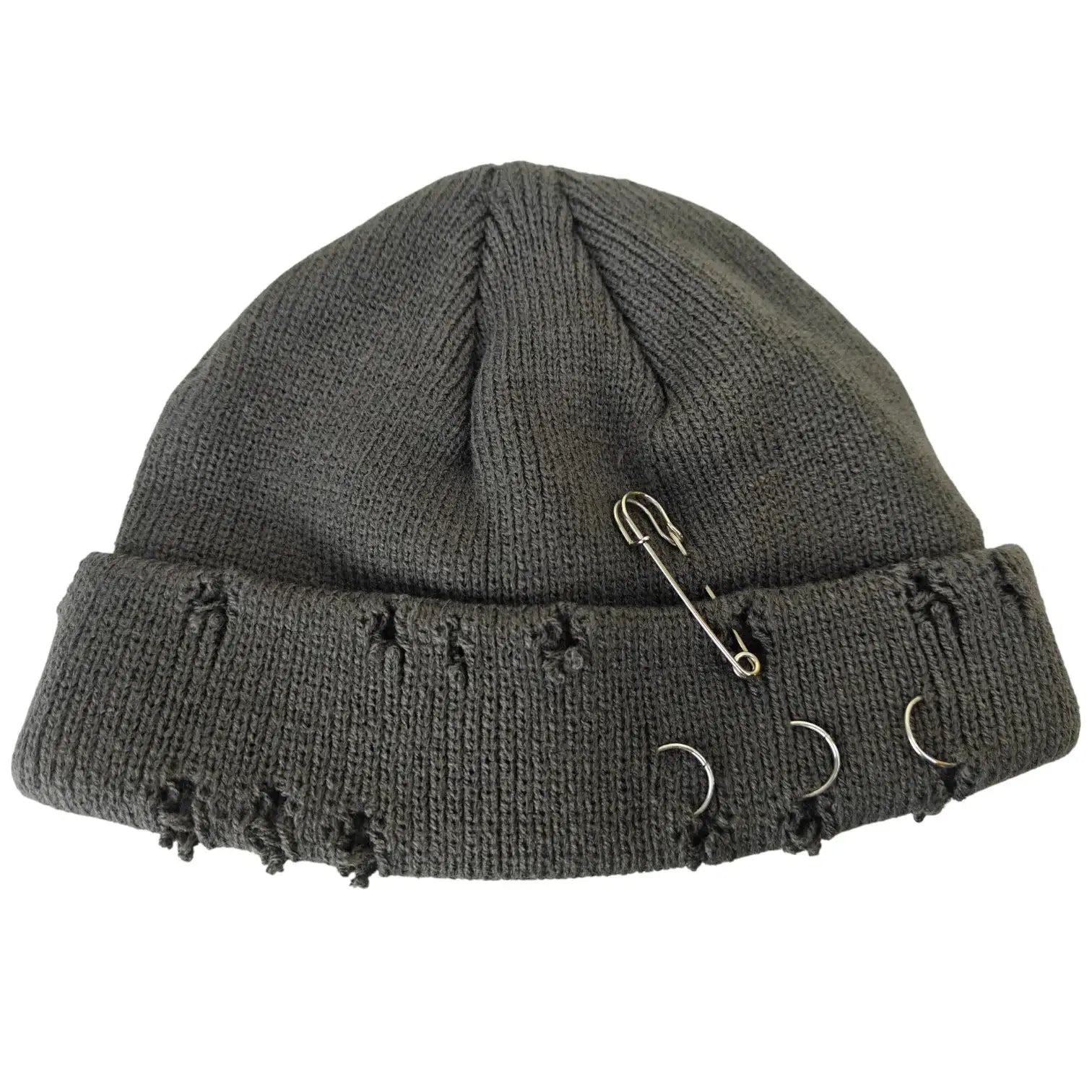 Grey Distressed Fisherman Beanie with Piercings and Safe Pin