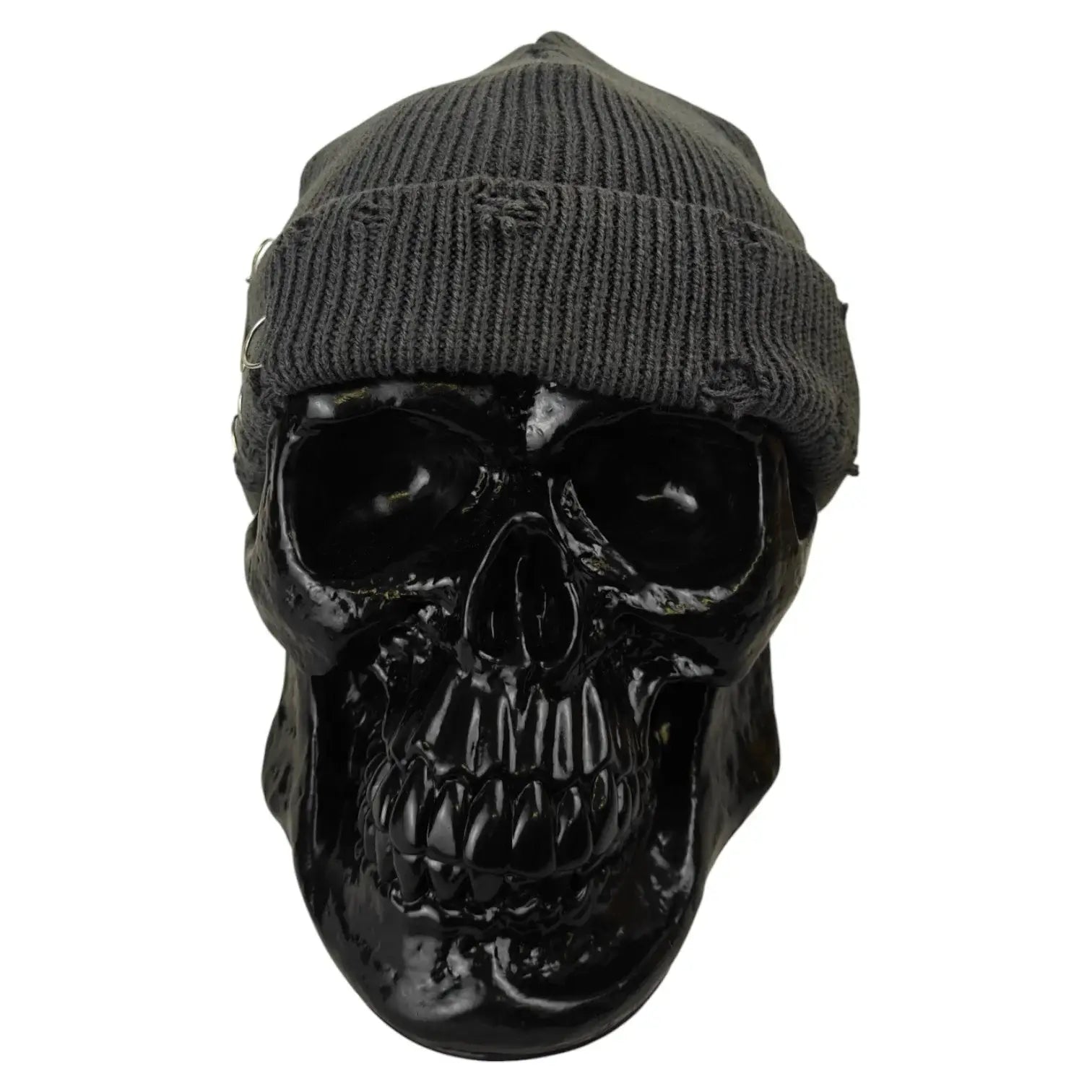 Grey Distressed Fisherman Beanie with Piercings and Safe Pin