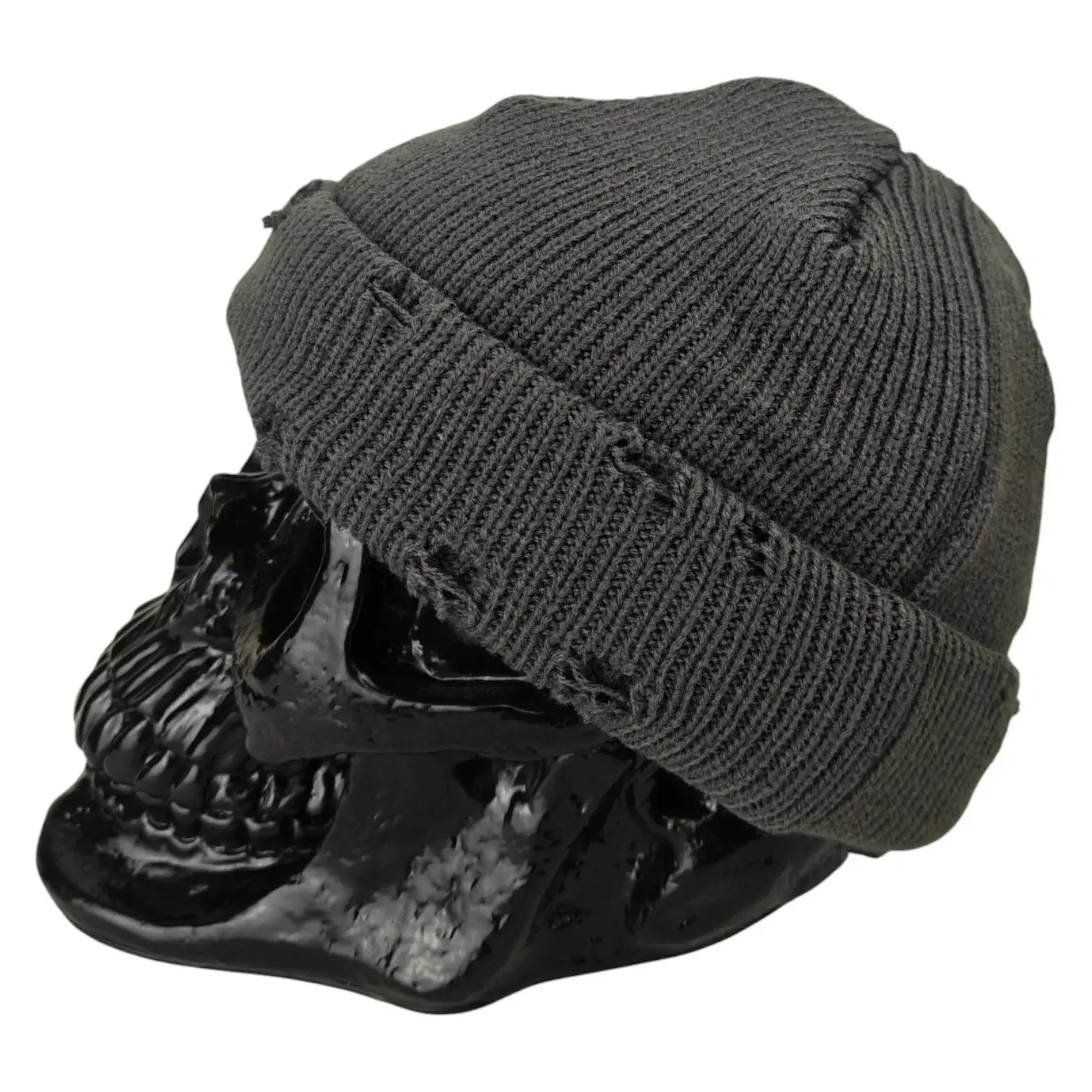 Grey Distressed Fisherman Beanie with Piercings and Safe Pin